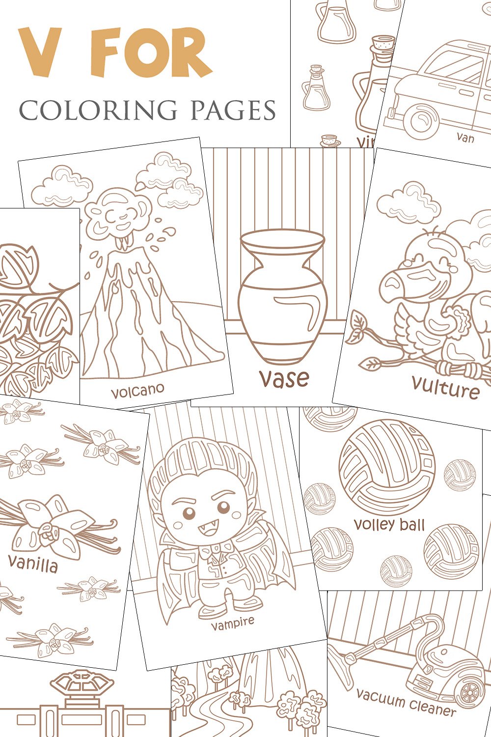 Alphabet v for vocabulary reading lesson kids coloring set