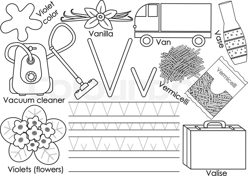 Letter v english alphabet writing practice for children education coloring book vector illustration stock vector