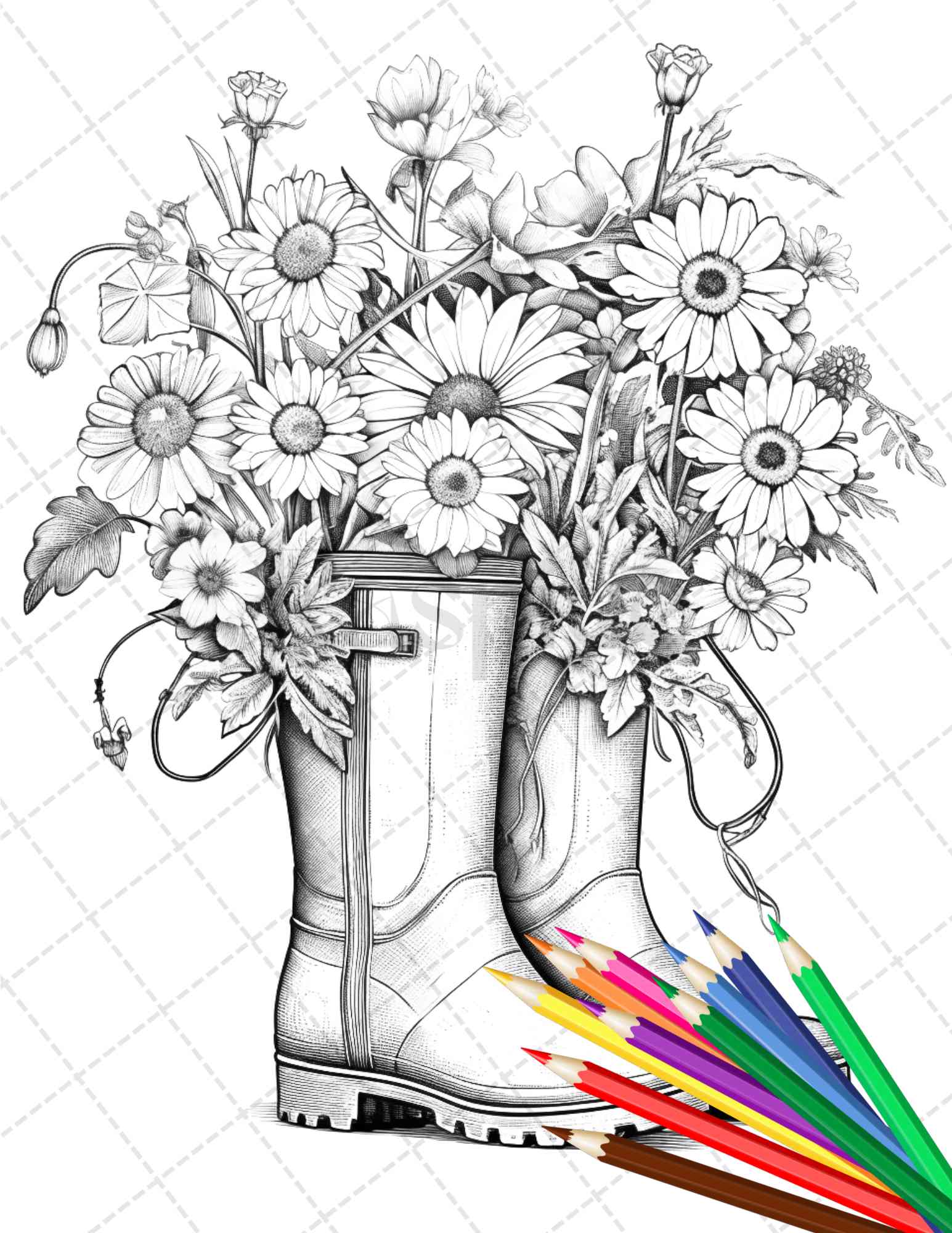 Flower boots coloring pages printable for adults floral grayscale â coloring