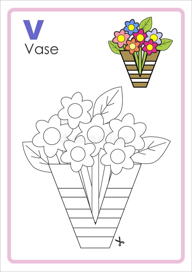 Alphabet picture letter v colouring page vase craft stock illustration