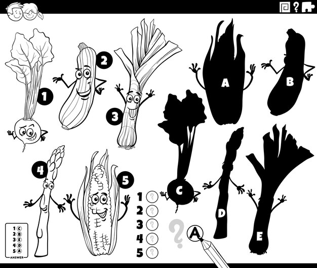 Premium vector cartoon illustration of finding the right shadows educational game with vegetables coloring page