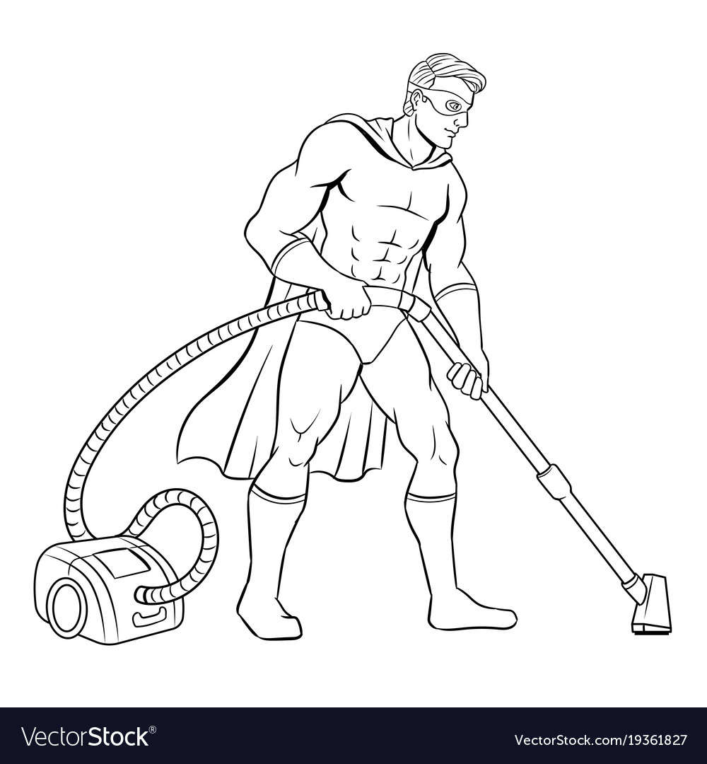 Superhero with vacuum cleaner coloring book vector image