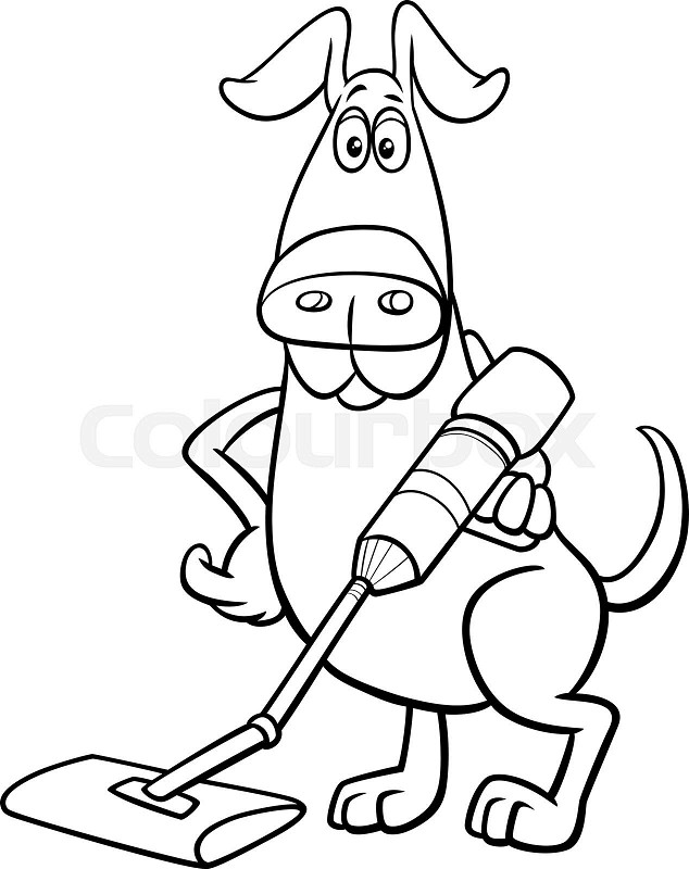 Cartoon dog character with vacuum cleaner coloring page stock vector