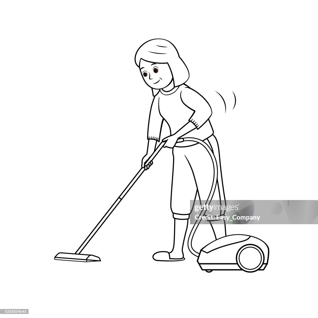 Black and white vector illustration of kids activity coloring book pages with pictures of woman doing housework by vacuum high