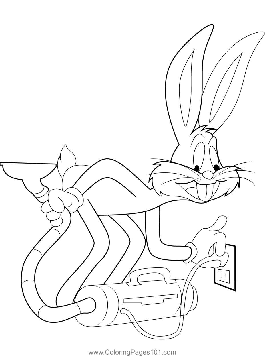 Bunny using vacuum cleaner coloring page for kids
