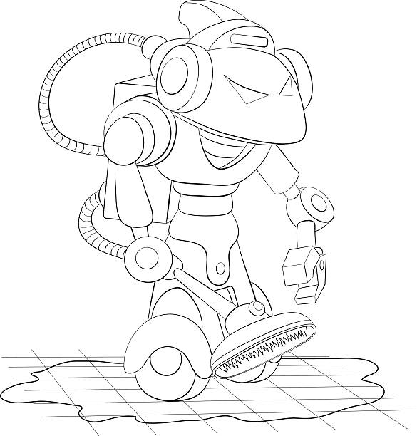 Cartoon robot cleaner with vacuum cleaner coloring book stok vektãr sanatä animasyon karakternin daha fazla gãrseli