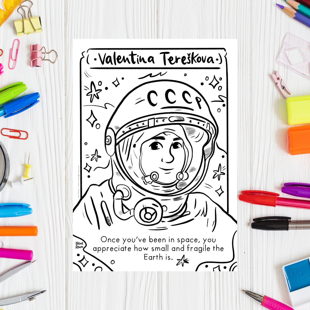 Women in space valentina tereskova coloring page women in stem printable drawing women in science coloring sheet women history month print