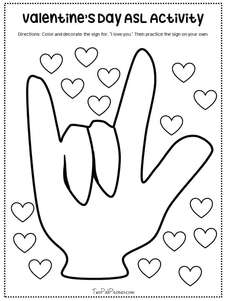 Valentines day asl activity with free printable coloring page