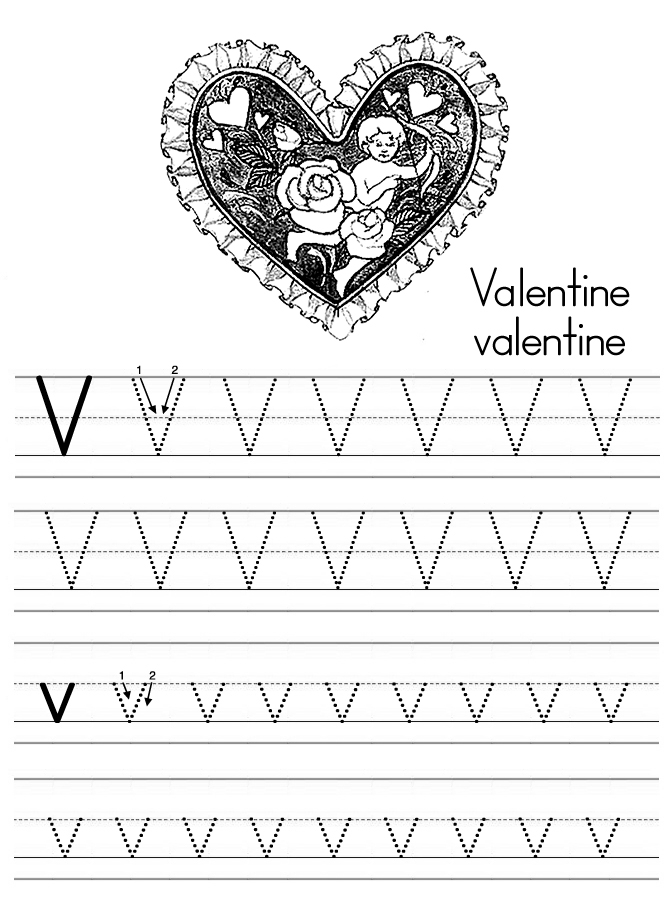 Alphabet abc letter v valentine coloring page