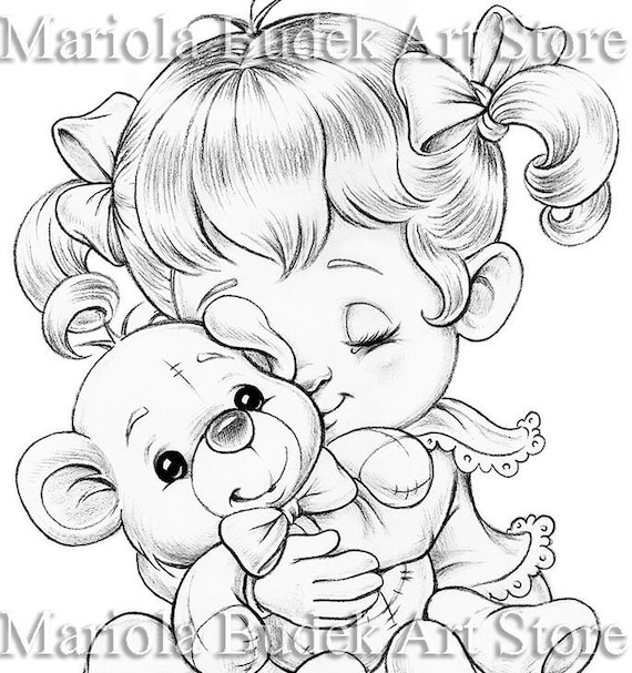 Teddy bear mariola budek coloring page printable adult cute kids colouring pages instant download grayscale lineart illustration pdf instant download