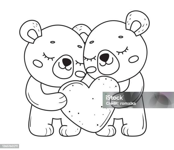 Adorable couple of valentine bears with heart bears for coloring bookline art design for kids coloring page vector illustration isolated on white background stock illustration