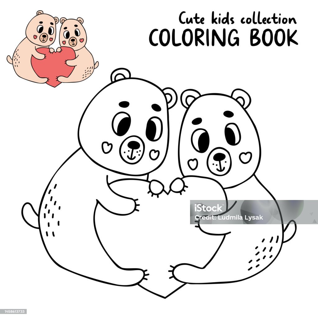 Pair of love teddy bears with big heart cute kids collection animals coloring pages vector illustration outline drawing for coloring book design decor valentines cards print stock illustration