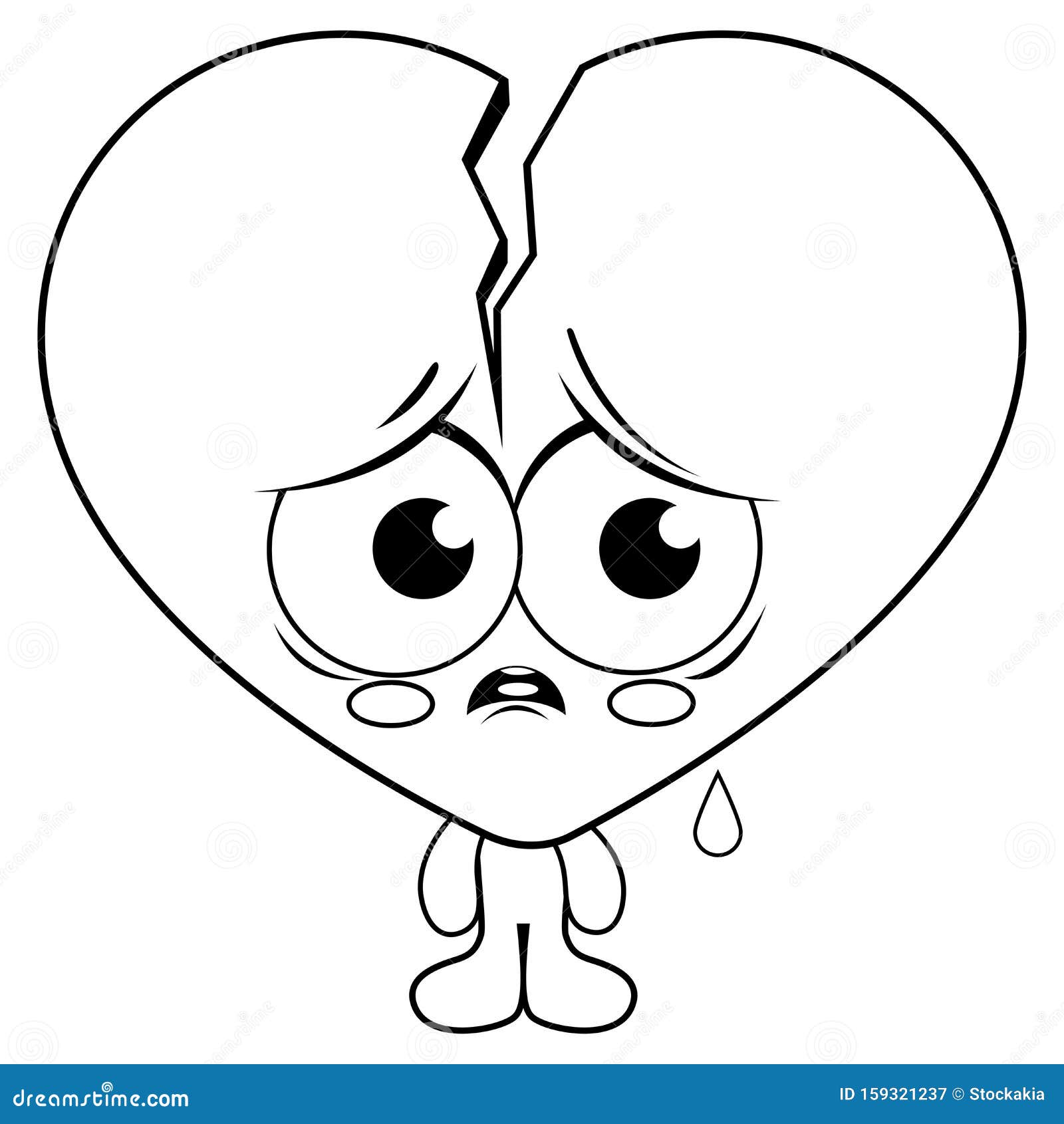 Broken heart character black and white coloring book page stock vector