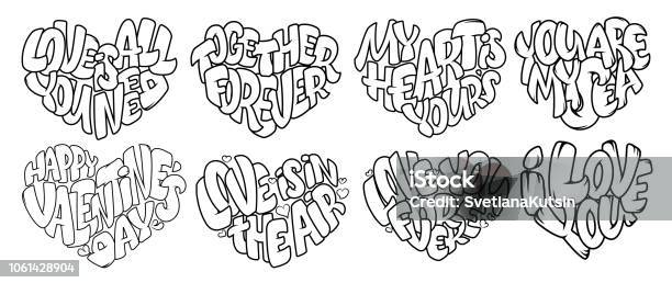 Coloring pages for adult design for wedding invitations and valentines day lettering in heart quote about love in bubble style stock illustration