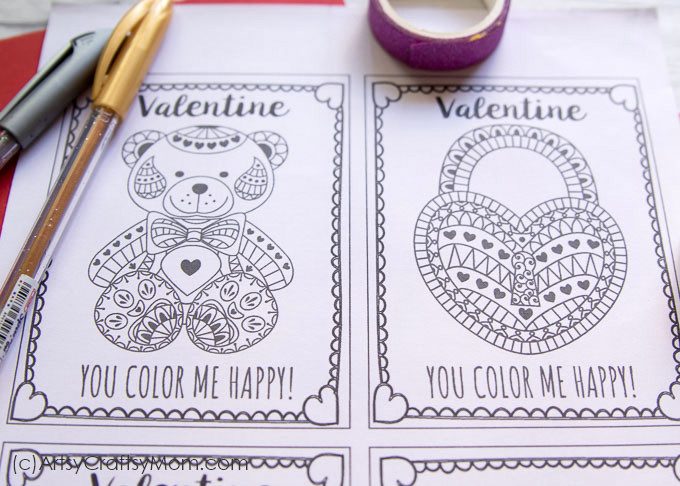 Free printable coloring cards for valentines day