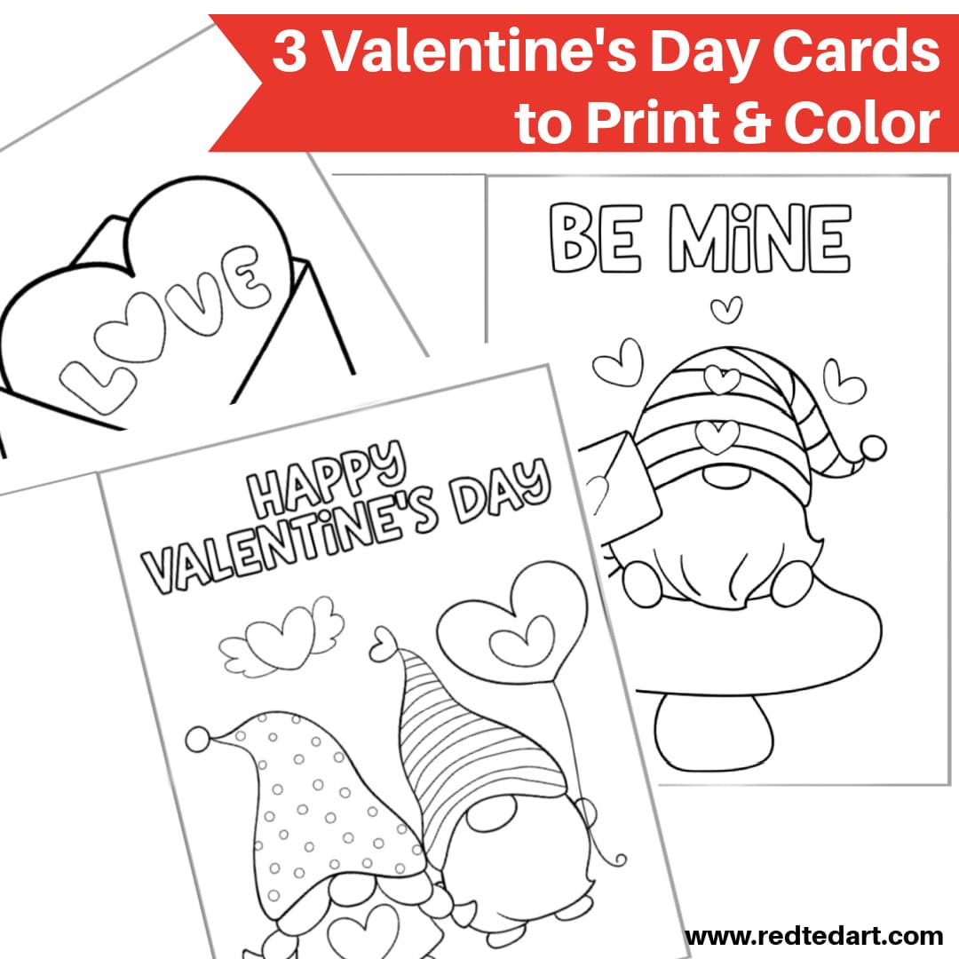 Valentines gnome coloring page cards