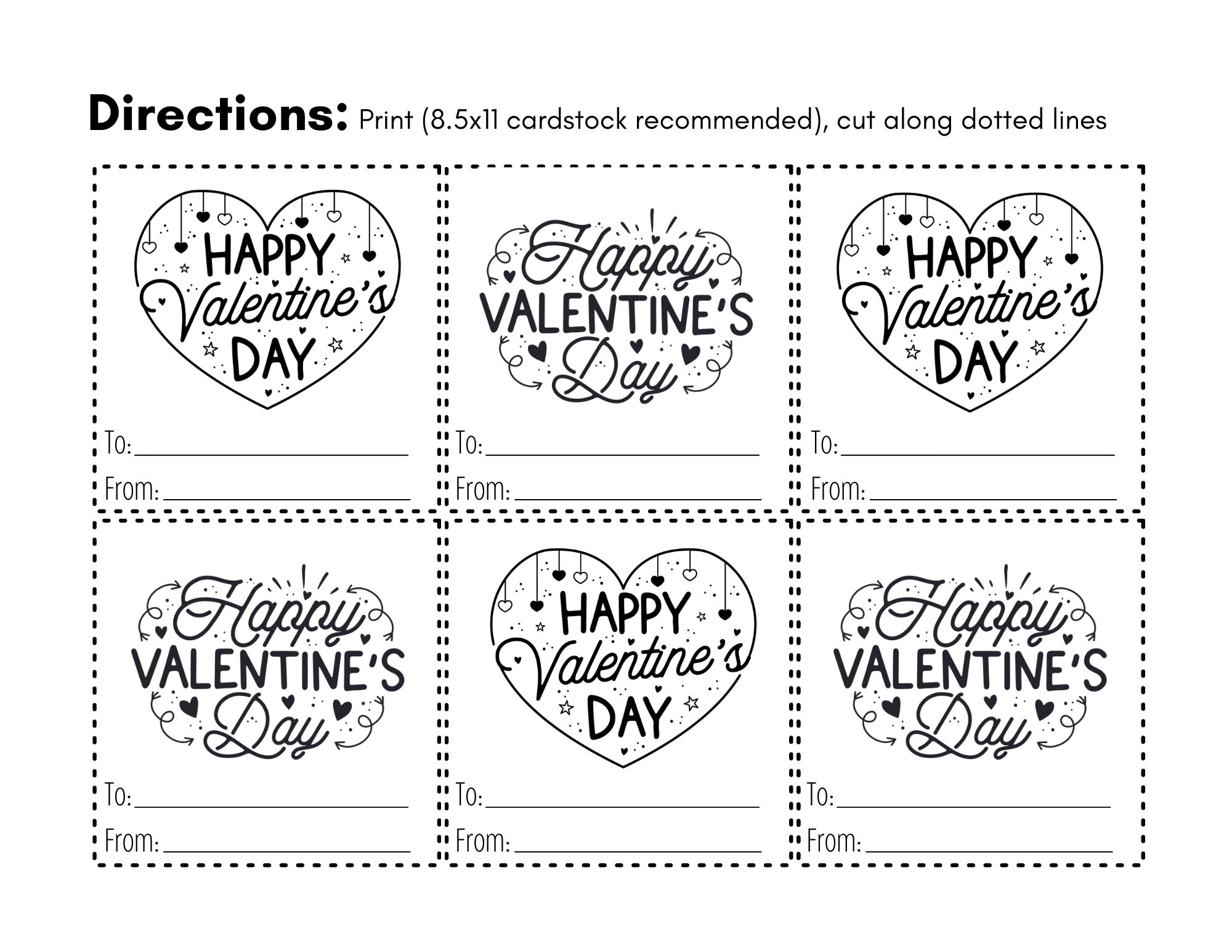 Happy valentines day printable cards black and white