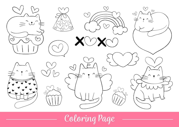 Premium vector coloring page cat for valentines day