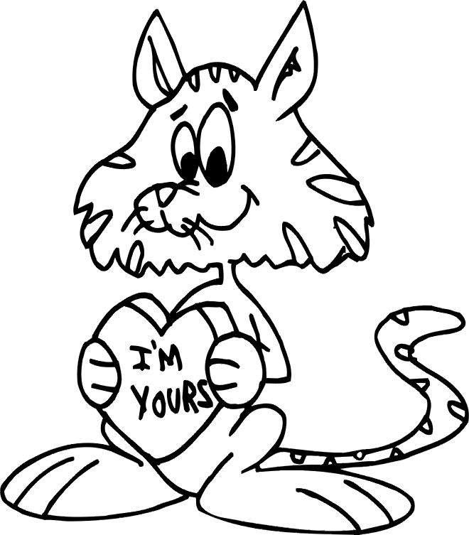 Valentine coloring page a cat holding a heart