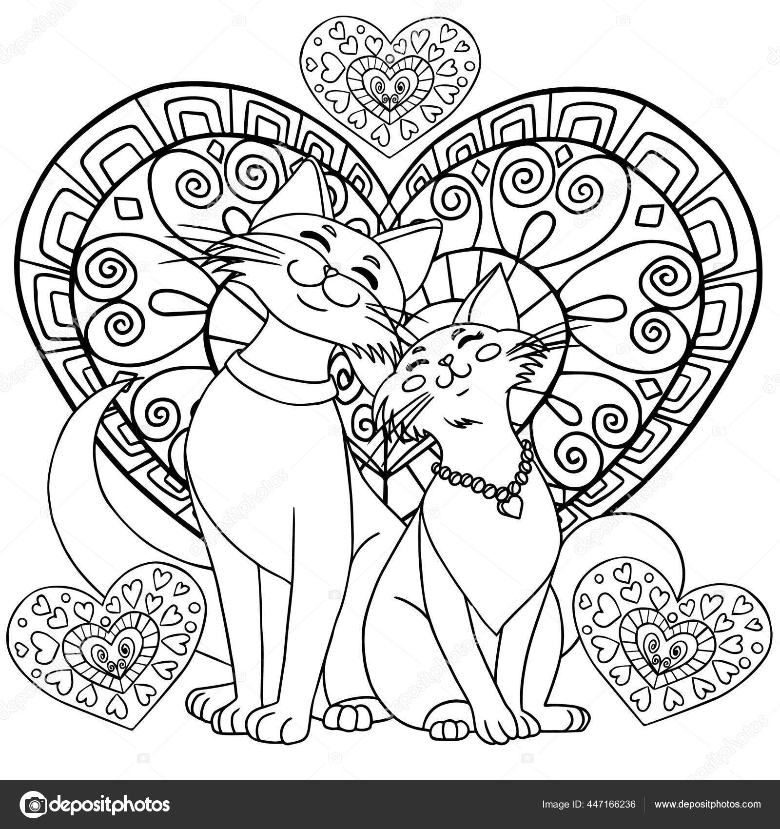 Lovely cats hearts couple animals valentine day coloring book page stock vector by daniellabelaya