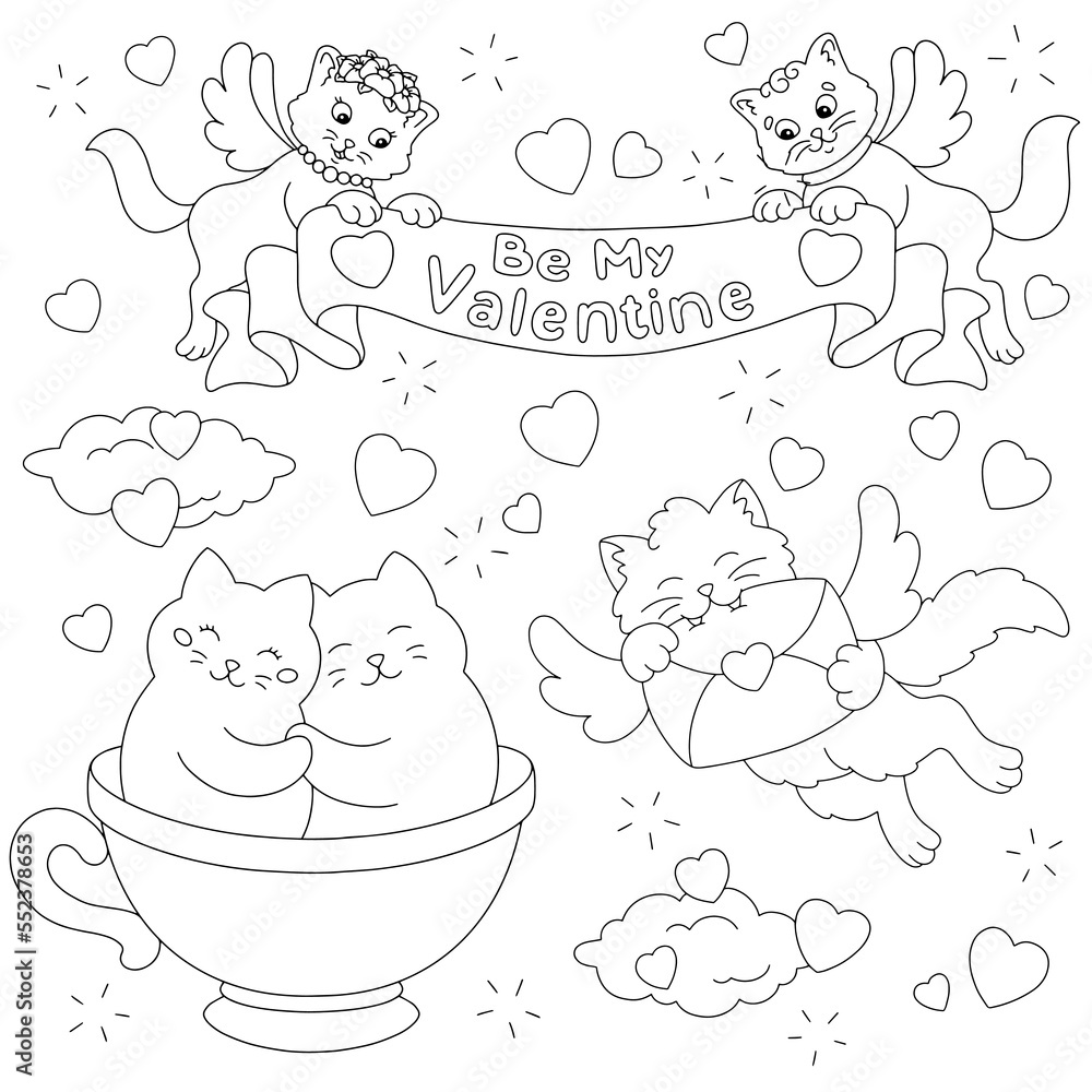 Beautiful loving cats coloring book page for kids valentines day cartoon style character vector illustration isolated on white background vector