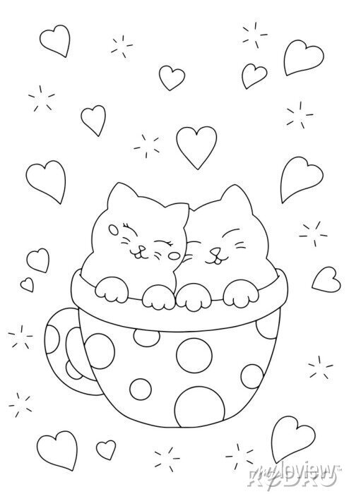 Cute couple of cats in a cup coloring book page for kids valentines fototapeta â fototapety pãr lãska milãäek