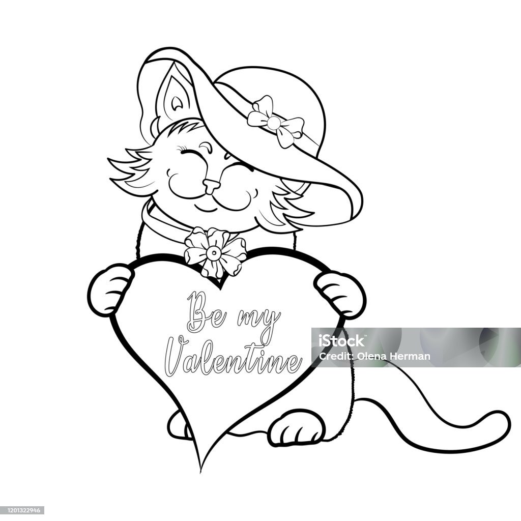 Happy cute kitten coloring book outline cat in hat with heart be my valentine coloring book black and white drawing illustration vector illustration template stock illustration