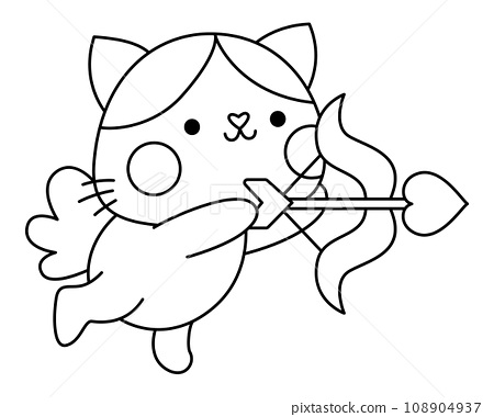 Vector black and white kawaii cat cupid icon