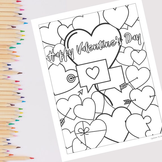 Valentines day coloring page for kids or adults instant download and printable coloring sheet holiday coloring valentine