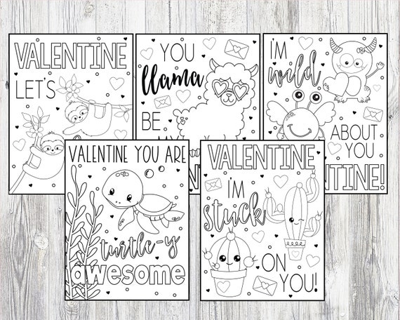 Printable valentines day coloring pages for kids or adults sloth cactus love monster llama sea turtle pages instant digital download