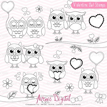 Valentines day owl stamps scrapbook printable digital stamp set coloring page