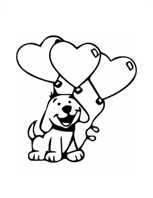 Dog holding balloons in valentine coloring page