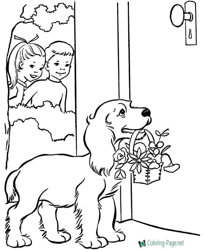 Dog and valentine flower coloring pages