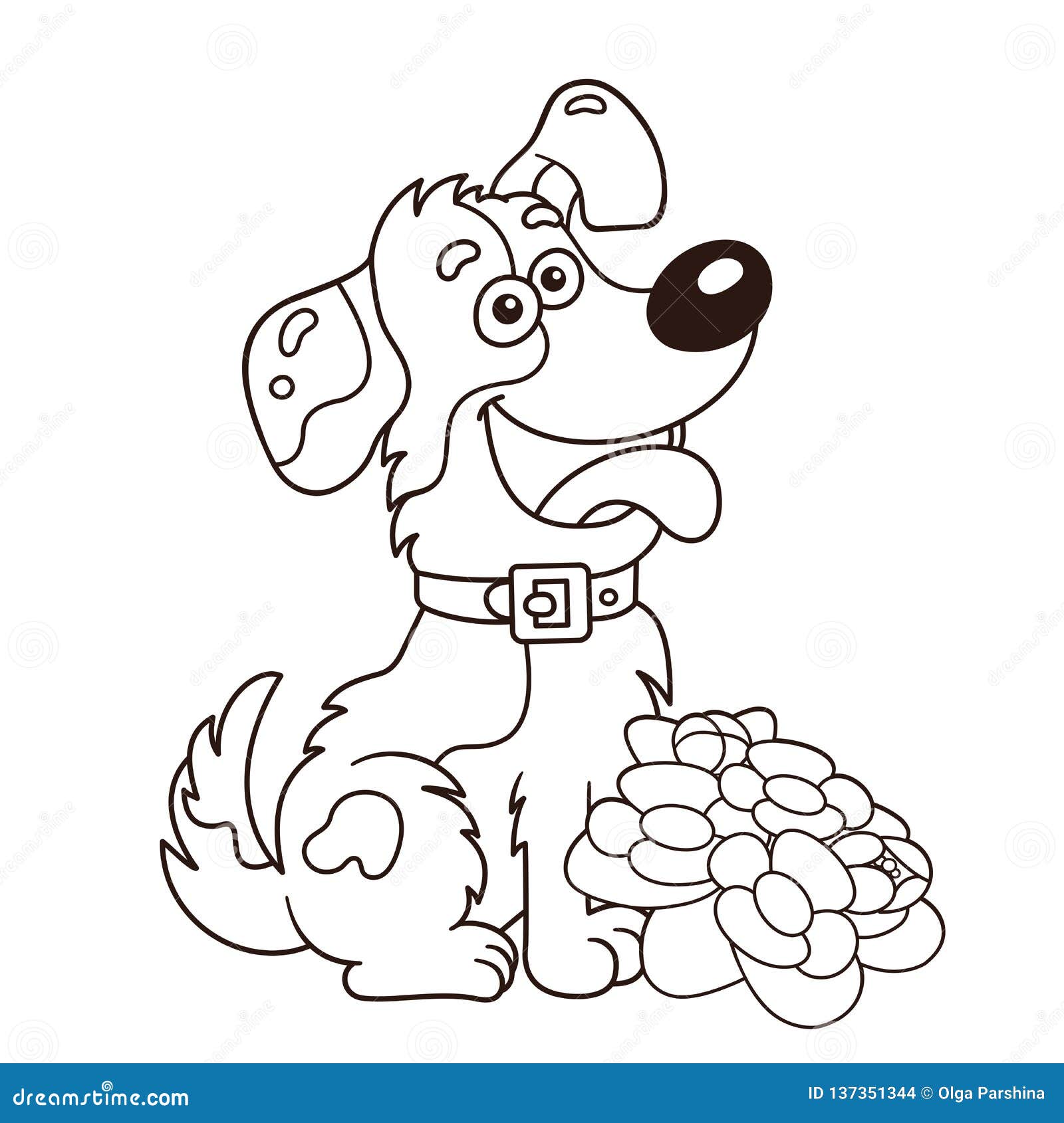 Coloring page outline of cartoon dog with flowers greeting card birthday valentines day stock vector