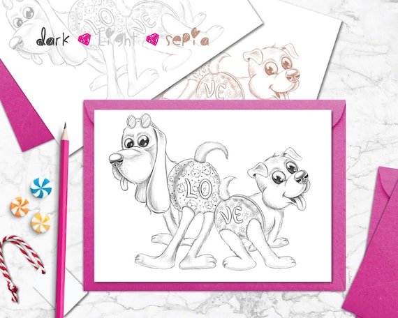 Love funny animal coloring page cute dogs valentine coloring page adults and kids coloring page download coloring postcard pdf instant download