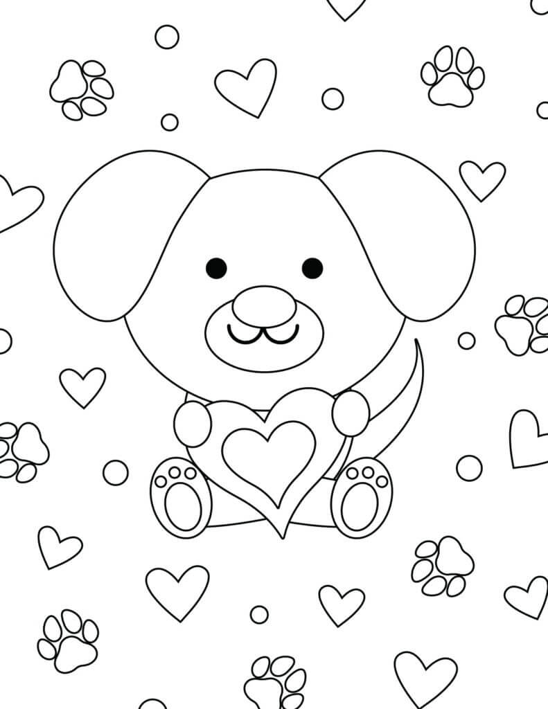 Puppy dog with heart in valentine coloring page