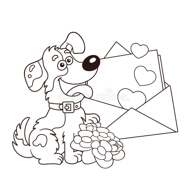 Coloring page outline of cartoon dog with flowers and letter greeting card birthday valentines day stock vector