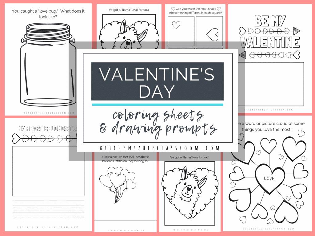 Valentines day coloring pages and sketchbook prompts