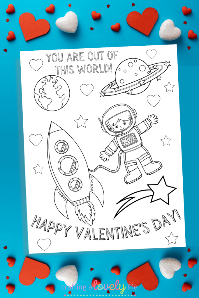 Space valentines day coloring page