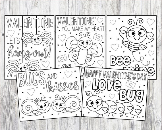 Printable love bug valentines day coloring pages for kids or adults butterfly bee mine spider bugs kisses instant digital download