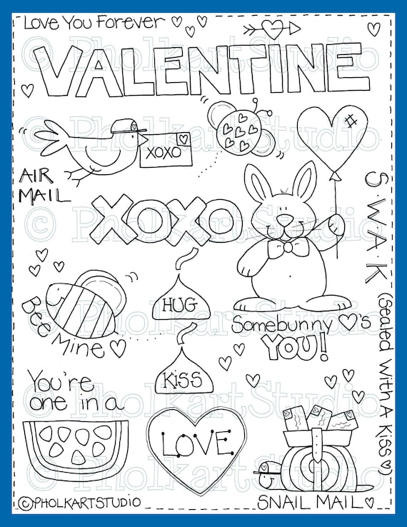 Valentines day kids coloring page cute hand drawn valentine coloring page for children whimsical printable coloring page pholkartstudio