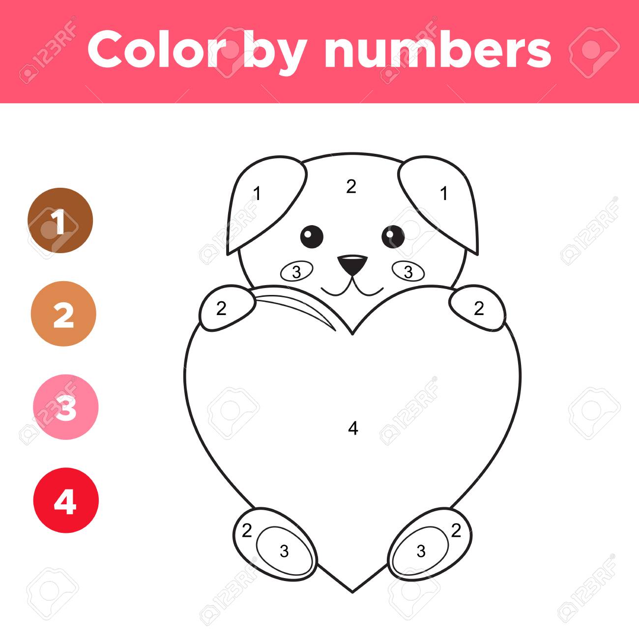 Color by numbers for preschool kids valentines day cartoon kawaii dog with big heart coloring page or book educational math game vector illustration royalty free svg cliparts vectors and stock illustration image