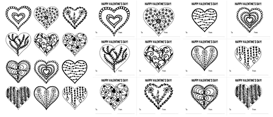 Hearts coloring page and valentines day cards