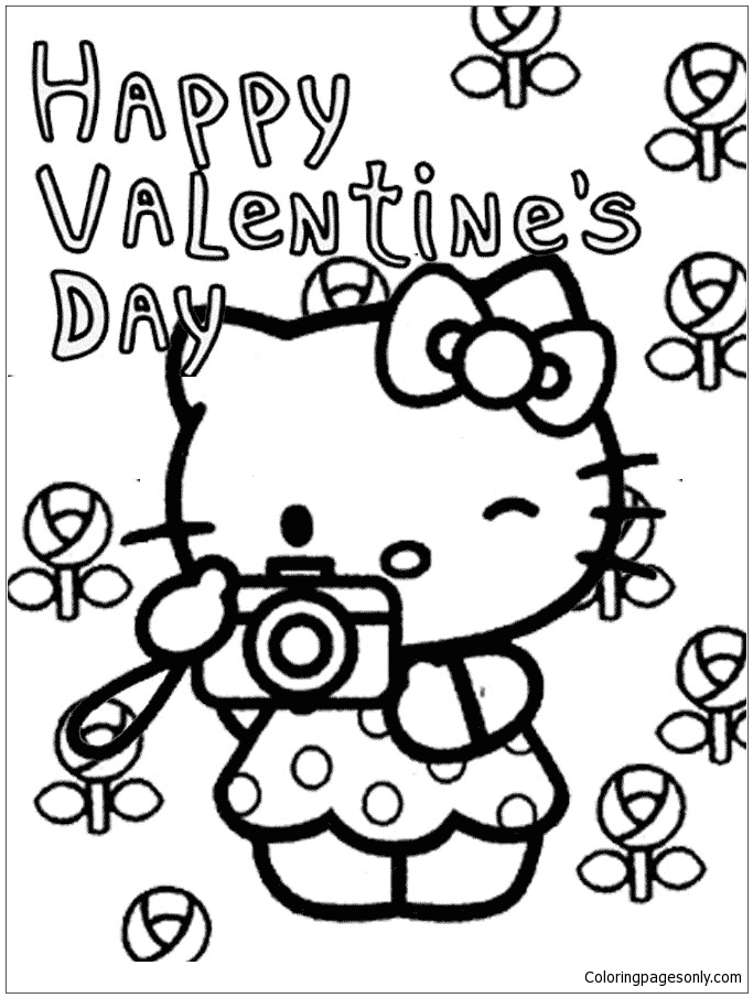 Flowers valentines and hello kitty coloring page