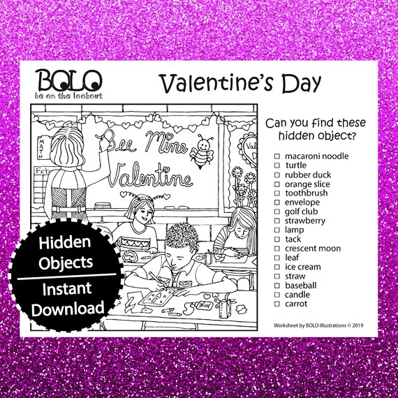 Hidden objects valentines day bee mine bolo be on the look out coloring page activities games puzzles search and find