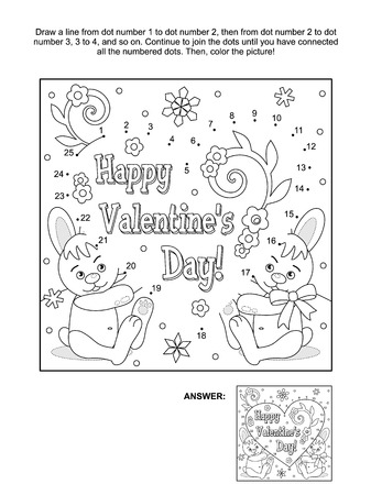 Valentines day themed connect the dots picture puzzle and coloring page with hidden heart greeting text two cute bunnies flowers and snowlakes answer included royalty free svg cliparts vectors and stock illustration