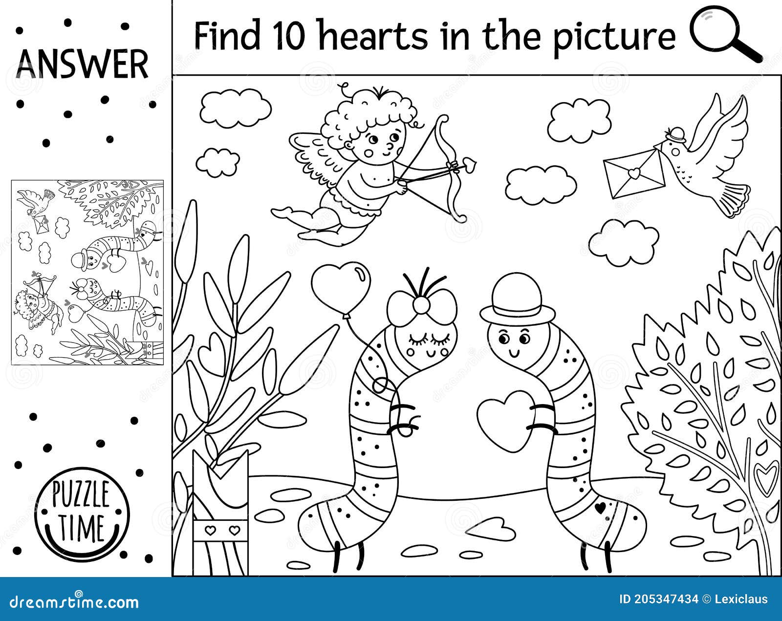 Vector saint valentine day black and white searching game with cute caterpillars in the garden find hidden hearts in the picture stock vector