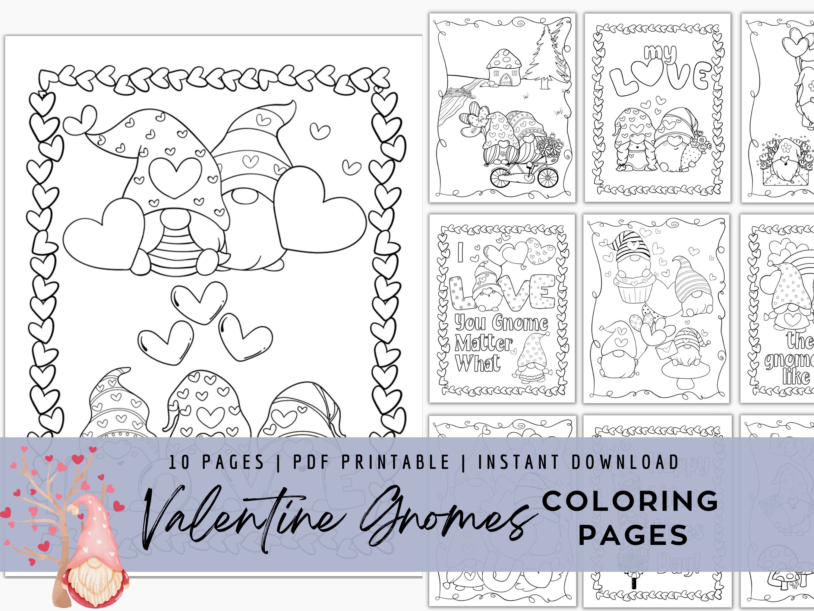 Valentine gnome coloring pages printable valentine gnome coloring book for kids activities pdf instant download