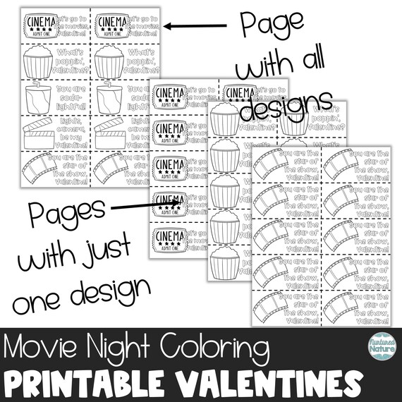 Movie night coloring valentines cards printable coloring