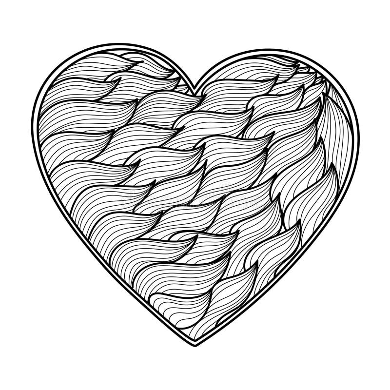 Wavy heart mandala coloring page black and white love pattern for antistress coloring book stock vector